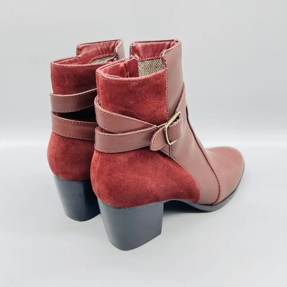 Aetrex Boots Womens 7.5 Red Leather Rebecca Ankle Buckle Zip Block Heel Booties